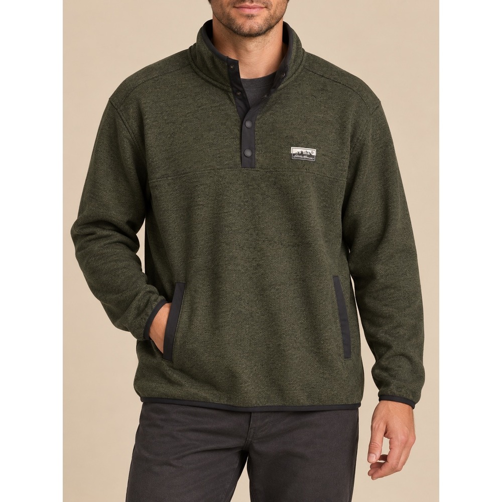 L 211 Eddie Bauer Olive Green Snap Neck Fleece Pullover Kangaroo Pocket Outdoor